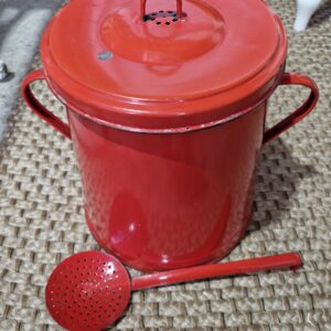 Vintage RETRO 1960s Hungarian red Enamel POT and Ladle.Bin / potato, veg store.