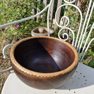 Vintage Hand Carved Wooden Ratten Edged Bowl.