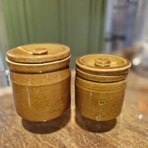 Farmhouse style rustic Pair of stoneware  pots with lids.