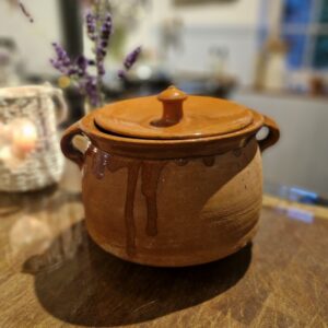 A Lovely Farmhouse Vintage Terracotta Cooking Bean Pot Hand Painted Drip Glazed